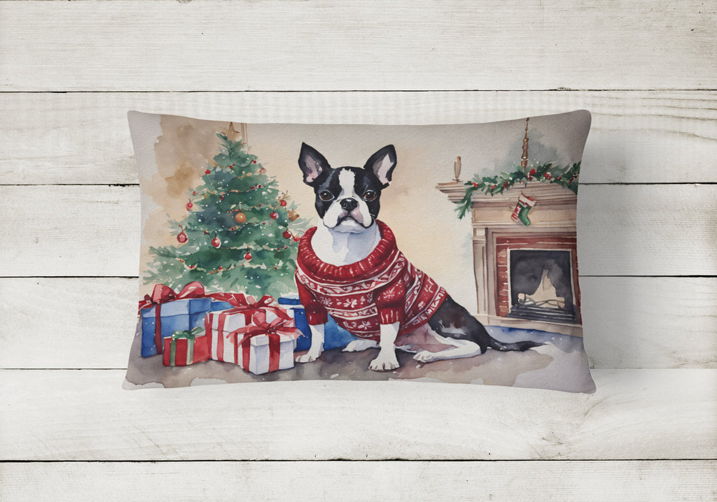 Boston Terrier Christmas Decorative Throw Pillow 12x16 Indoor Outdoor Accent Cushion, Fabric Cover with Insert for Sofa, Bed, Porch & Living Room