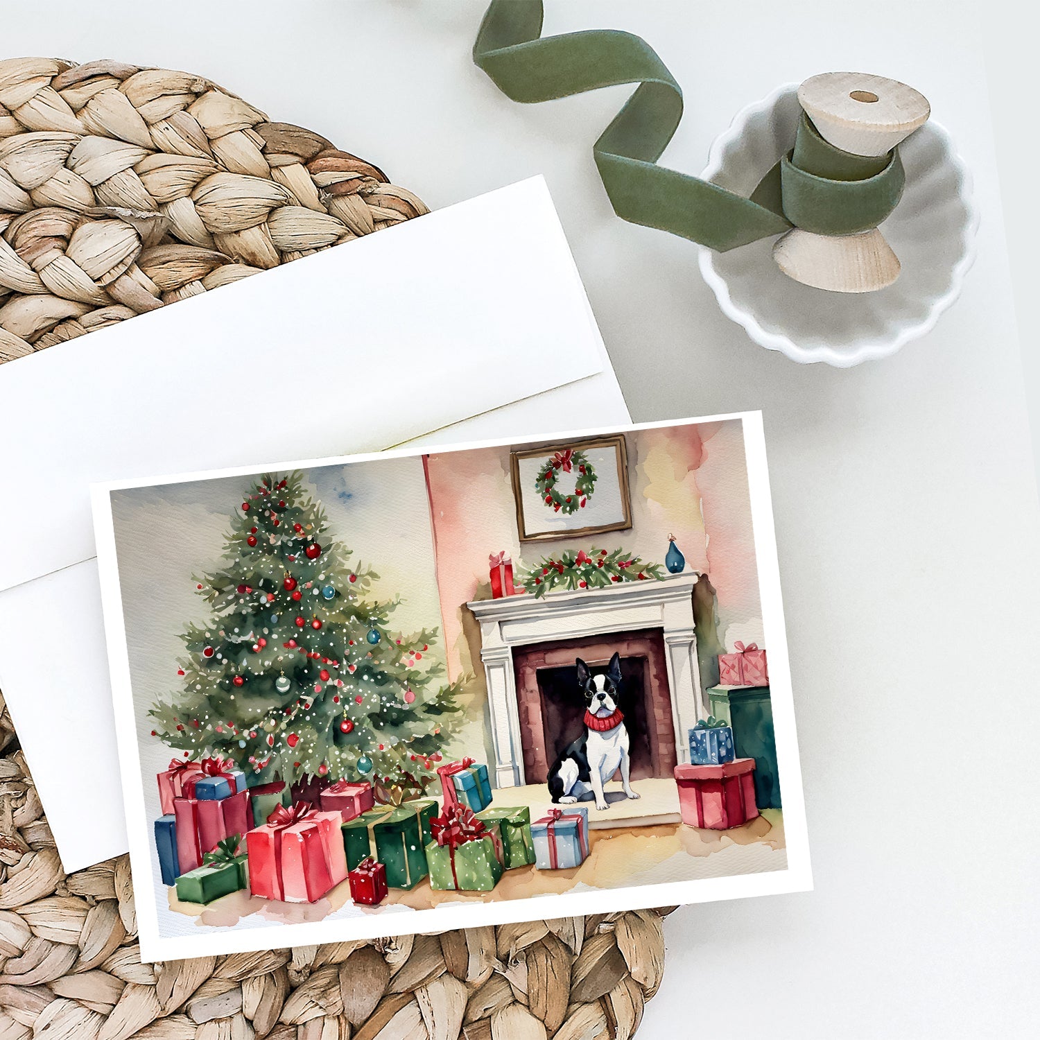 Boston Terrier Christmas Greeting Cards Pack of 8 Blank Cards with Envelopes Whimsical A7 Size 5x7