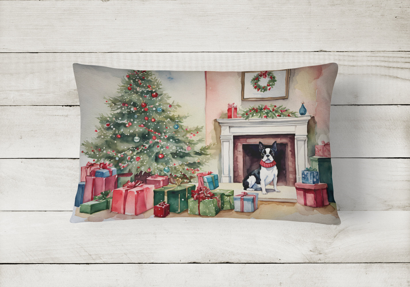 Boston Terrier Christmas Decorative Throw Pillow 12x16 Indoor Outdoor Accent Cushion, Fabric Cover with Insert for Sofa, Bed, Porch & Living Room