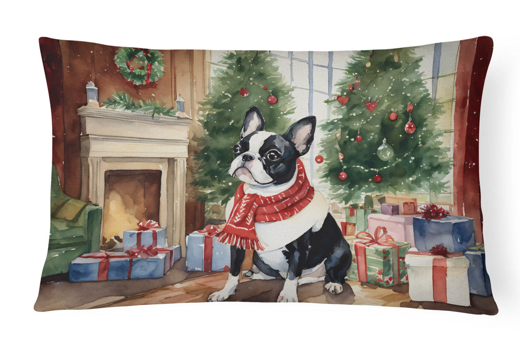 Boston Terrier Christmas Decorative Throw Pillow 12x16 Indoor Outdoor Accent Cushion, Fabric Cover with Insert for Sofa, Bed, Porch & Living Room