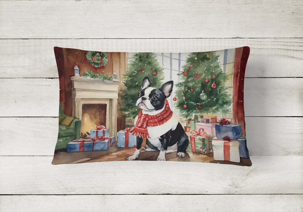 Boston Terrier Christmas Decorative Throw Pillow 12x16 Indoor Outdoor Accent Cushion, Fabric Cover with Insert for Sofa, Bed, Porch & Living Room