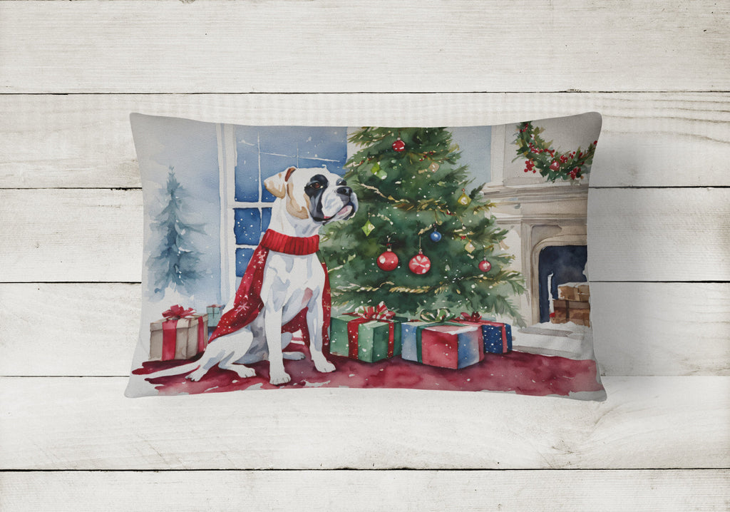 White Boxer Christmas Decorative Throw Pillow 12x16 Indoor Outdoor Accent Cushion, Fabric Cover with Insert for Sofa, Bed, Porch & Living Room