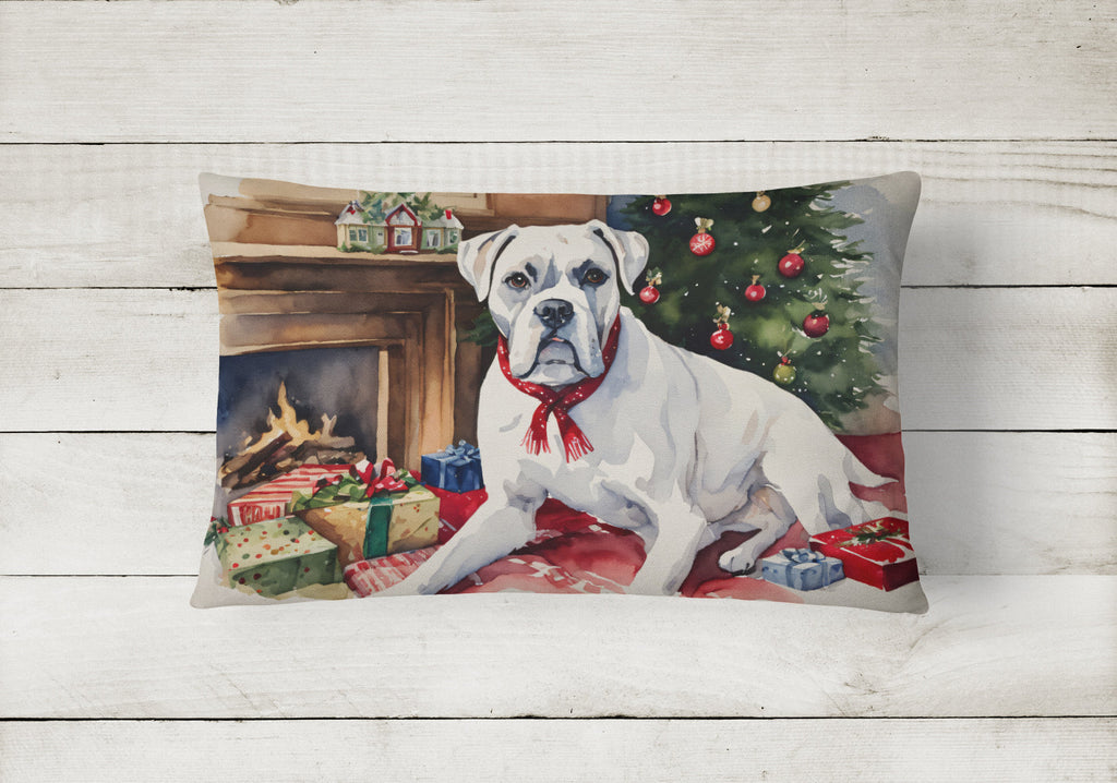 White Boxer Christmas Decorative Throw Pillow 12x16 Indoor Outdoor Accent Cushion, Fabric Cover with Insert for Sofa, Bed, Porch & Living Room