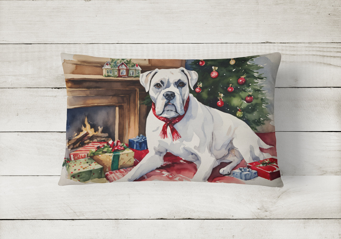 White Boxer Christmas Decorative Throw Pillow 12x16 Indoor Outdoor Accent Cushion, Fabric Cover with Insert for Sofa, Bed, Porch & Living Room