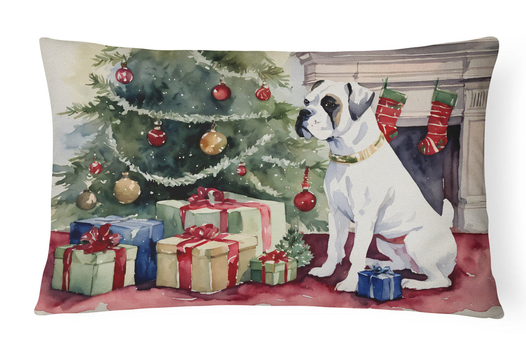 White Boxer Christmas Decorative Throw Pillow 12x16 Indoor Outdoor Accent Cushion, Fabric Cover with Insert for Sofa, Bed, Porch & Living Room