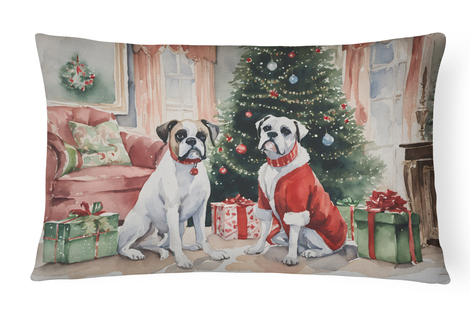White Boxer Christmas Decorative Throw Pillow 12x16 Indoor Outdoor Accent Cushion, Fabric Cover with Insert for Sofa, Bed, Porch & Living Room