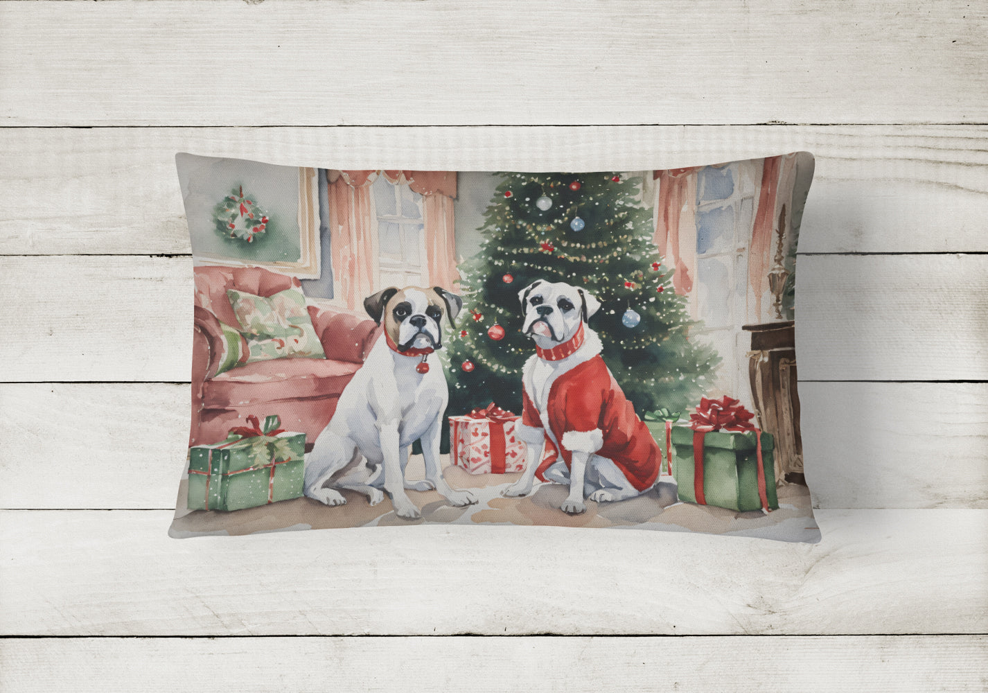 White Boxer Christmas Decorative Throw Pillow 12x16 Indoor Outdoor Accent Cushion, Fabric Cover with Insert for Sofa, Bed, Porch & Living Room