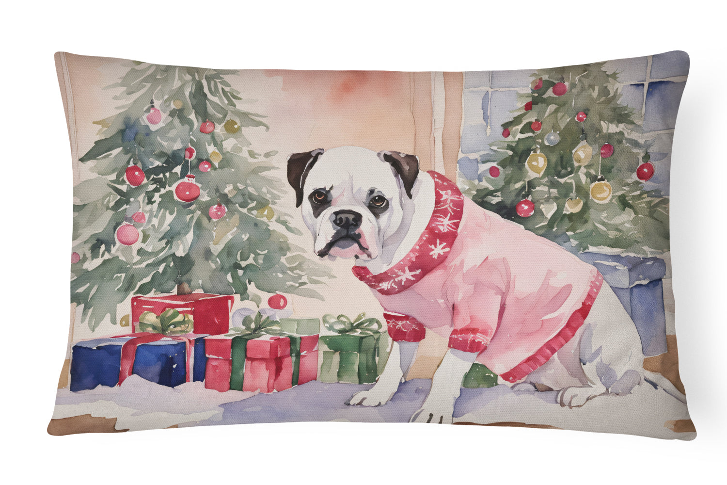 White Boxer Christmas Decorative Throw Pillow 12x16 Indoor Outdoor Accent Cushion, Fabric Cover with Insert for Sofa, Bed, Porch & Living Room