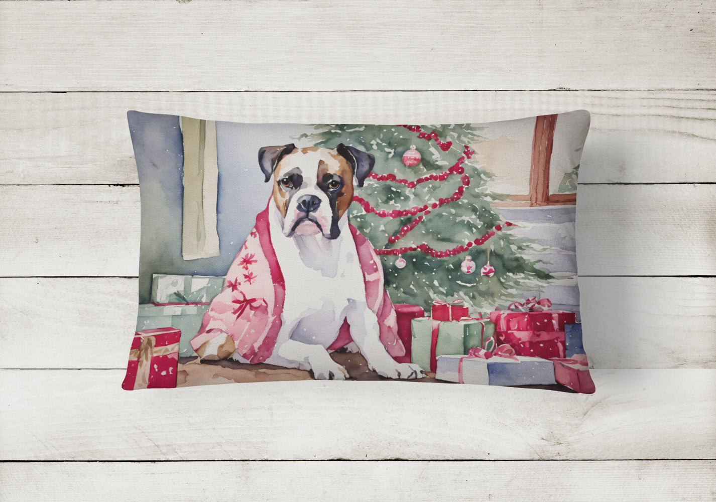 White Boxer Christmas Decorative Throw Pillow 12x16 Indoor Outdoor Accent Cushion, Fabric Cover with Insert for Sofa, Bed, Porch & Living Room