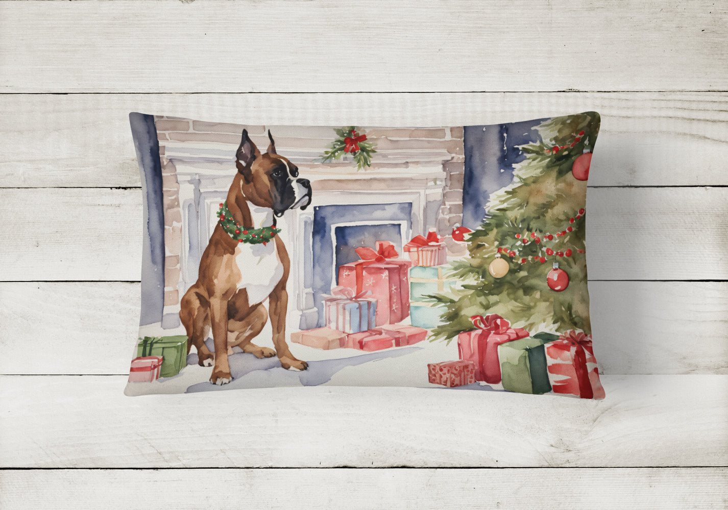 Fawn Boxer Christmas Decorative Throw Pillow 12x16 Indoor Outdoor Accent Cushion, Fabric Cover with Insert for Sofa, Bed, Porch & Living Room