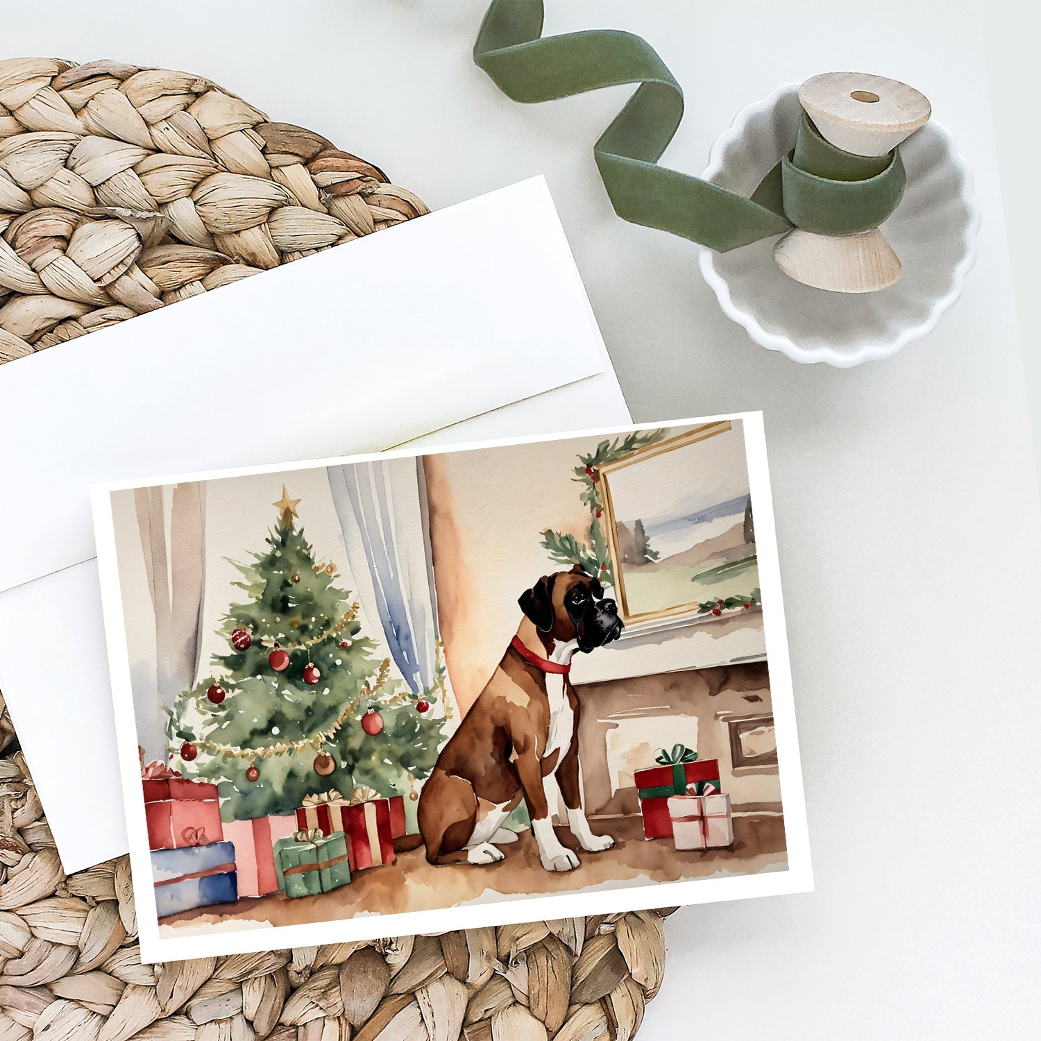 Fawn Boxer Christmas Greeting Cards Pack of 8 Blank Cards with Envelopes Whimsical A7 Size 5x7