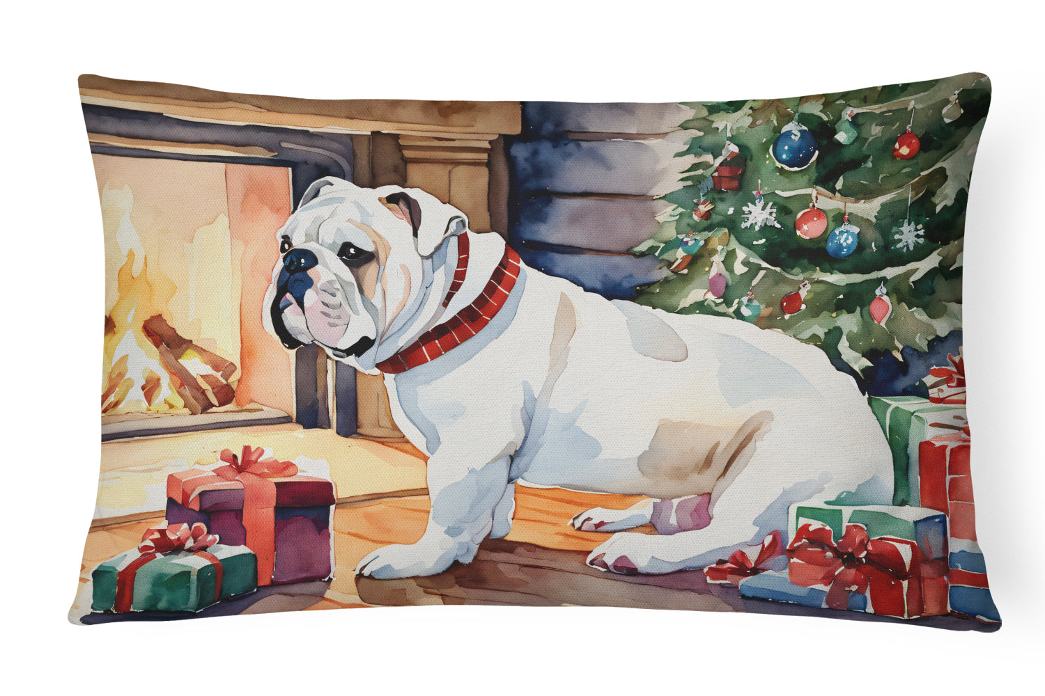 White English Bulldog Christmas Decorative Throw Pillow 12x16 Indoor Outdoor Accent Cushion, Fabric Cover with Insert for Sofa, Bed, Porch & Living Room