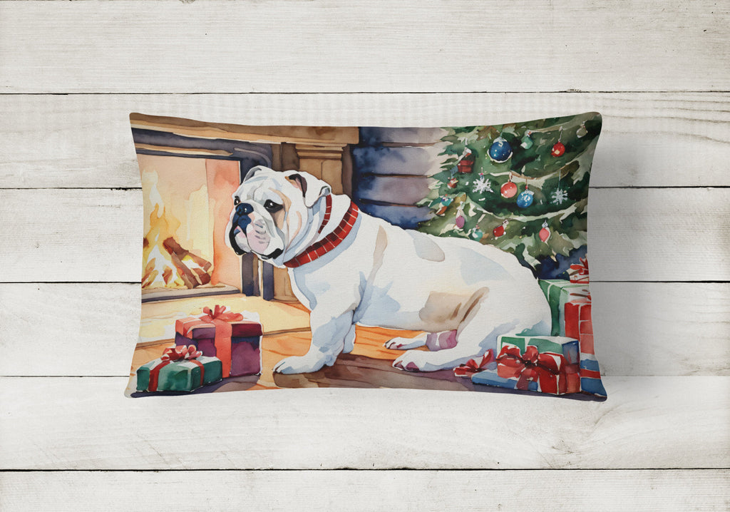 White English Bulldog Christmas Decorative Throw Pillow 12x16 Indoor Outdoor Accent Cushion, Fabric Cover with Insert for Sofa, Bed, Porch & Living Room