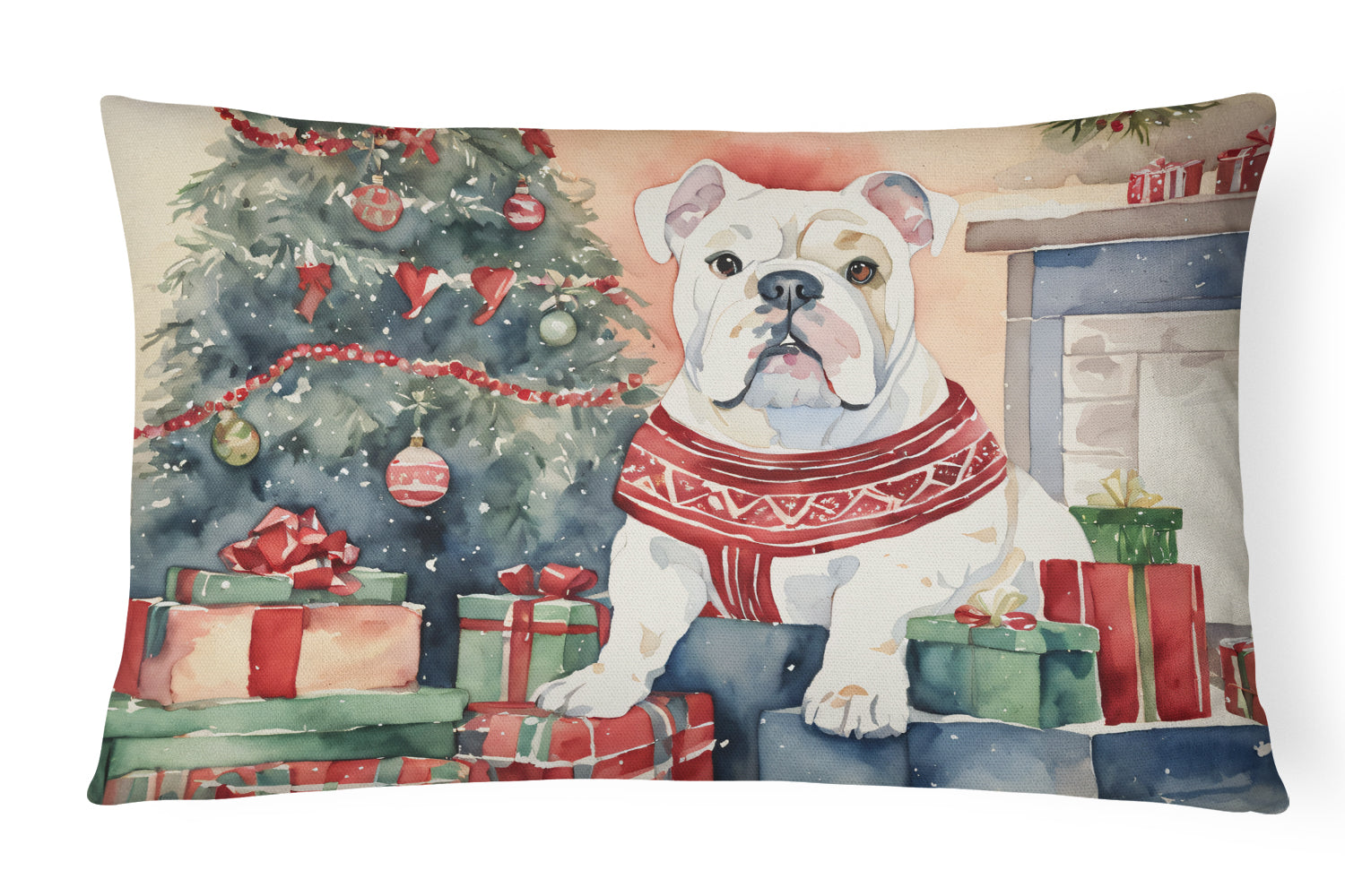 White English Bulldog Christmas Decorative Throw Pillow 12x16 Indoor Outdoor Accent Cushion, Fabric Cover with Insert for Sofa, Bed, Porch & Living Room