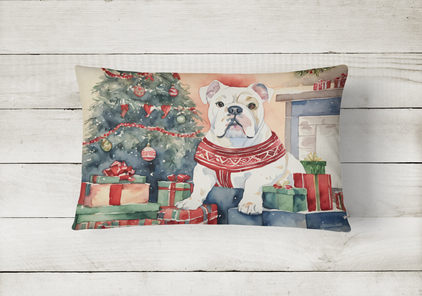 White English Bulldog Christmas Decorative Throw Pillow 12x16 Indoor Outdoor Accent Cushion, Fabric Cover with Insert for Sofa, Bed, Porch & Living Room