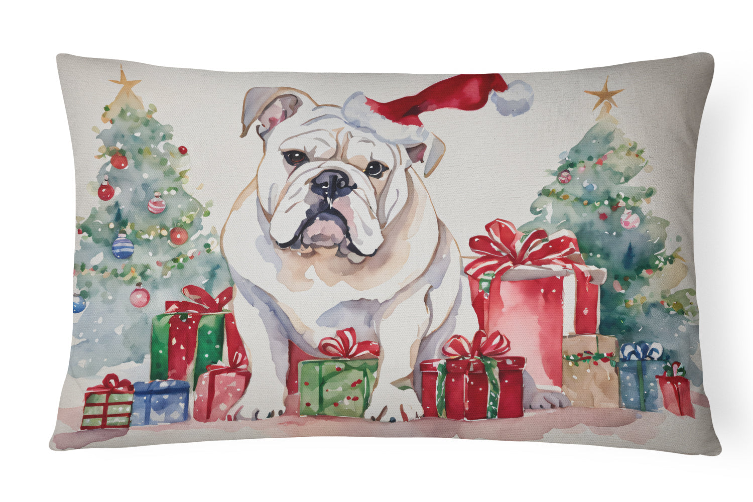 White English Bulldog Christmas Decorative Throw Pillow 12x16 Indoor Outdoor Accent Cushion, Fabric Cover with Insert for Sofa, Bed, Porch & Living Room