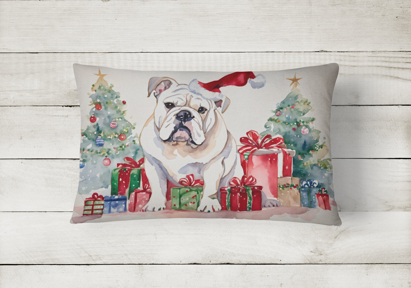White English Bulldog Christmas Decorative Throw Pillow 12x16 Indoor Outdoor Accent Cushion, Fabric Cover with Insert for Sofa, Bed, Porch & Living Room