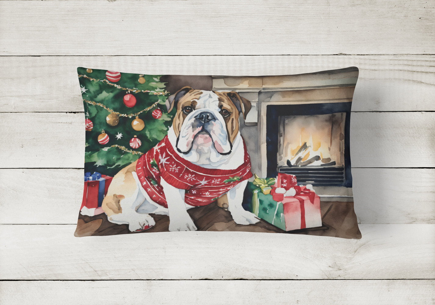English Bulldog Christmas Decorative Throw Pillow 12x16 Indoor Outdoor Accent Cushion, Fabric Cover with Insert for Sofa, Bed, Porch & Living Room