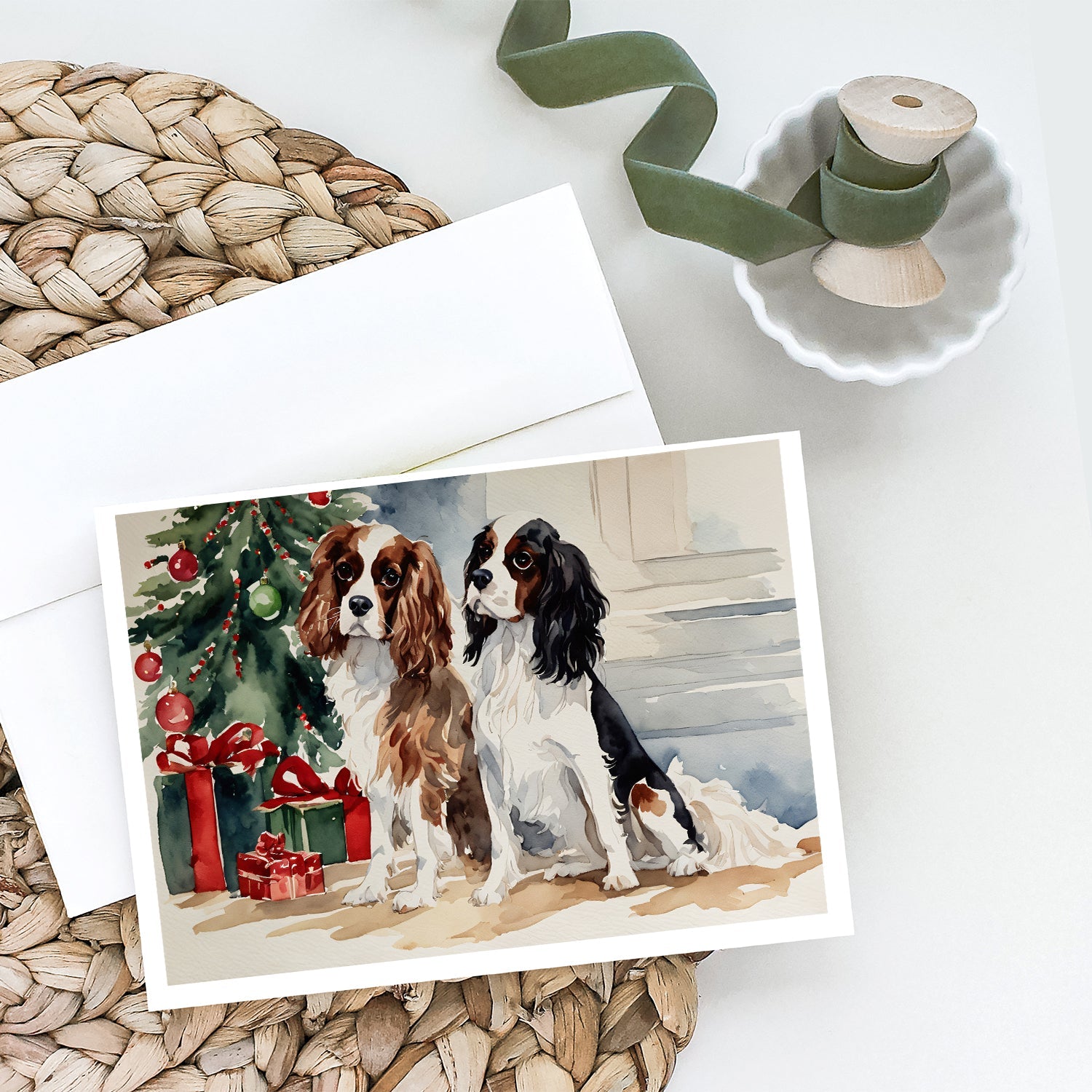 Cavalier Spaniel Christmas Greeting Cards Pack of 8 Blank Cards with Envelopes Whimsical A7 Size 5x7