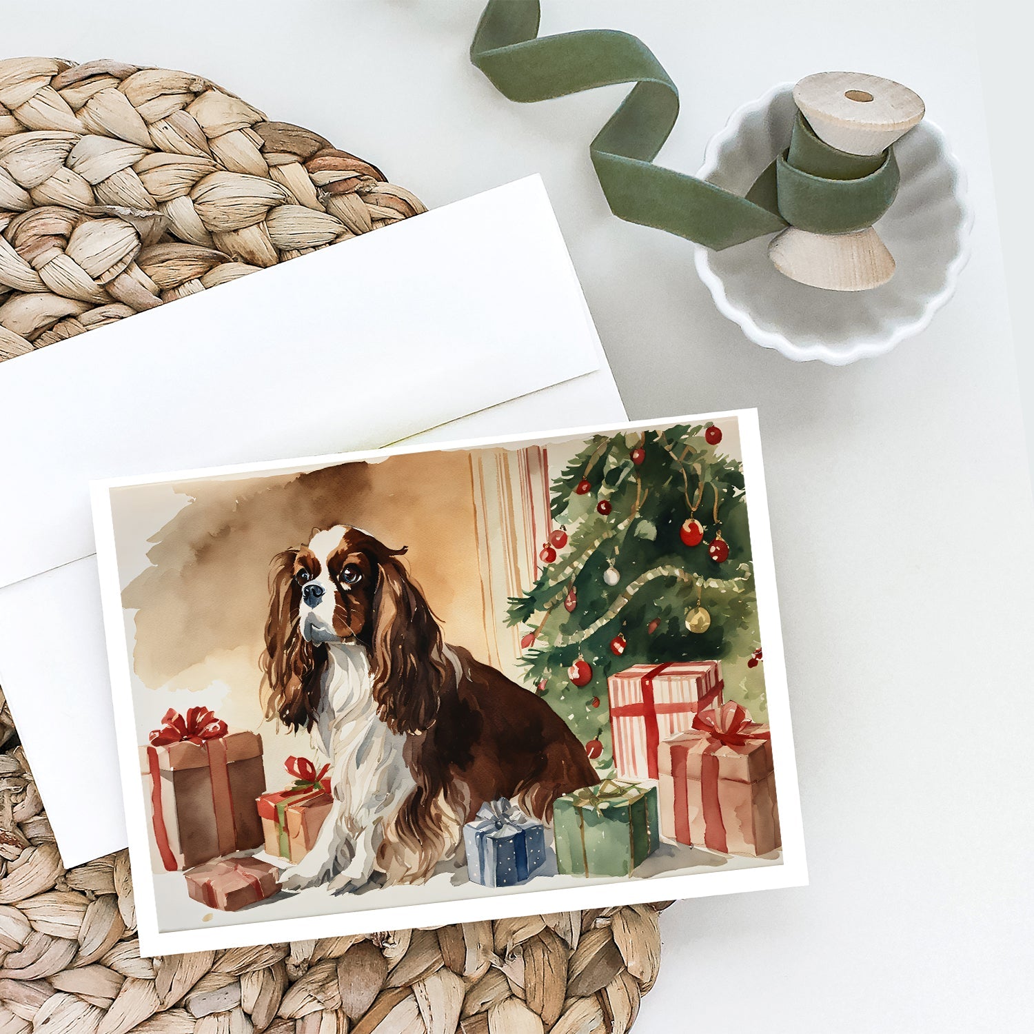 Cavalier Spaniel Christmas Greeting Cards Pack of 8 Blank Cards with Envelopes Whimsical A7 Size 5x7