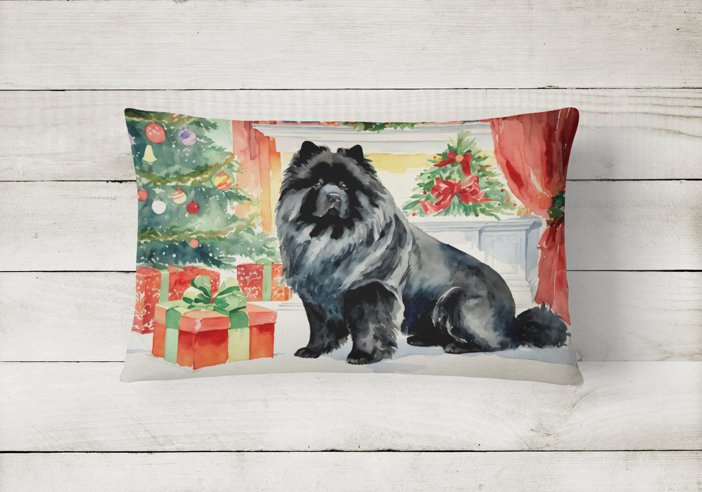 Black Chow Chow Christmas Decorative Throw Pillow 12x16 Indoor Outdoor Accent Cushion, Fabric Cover with Insert for Sofa, Bed, Porch & Living Room