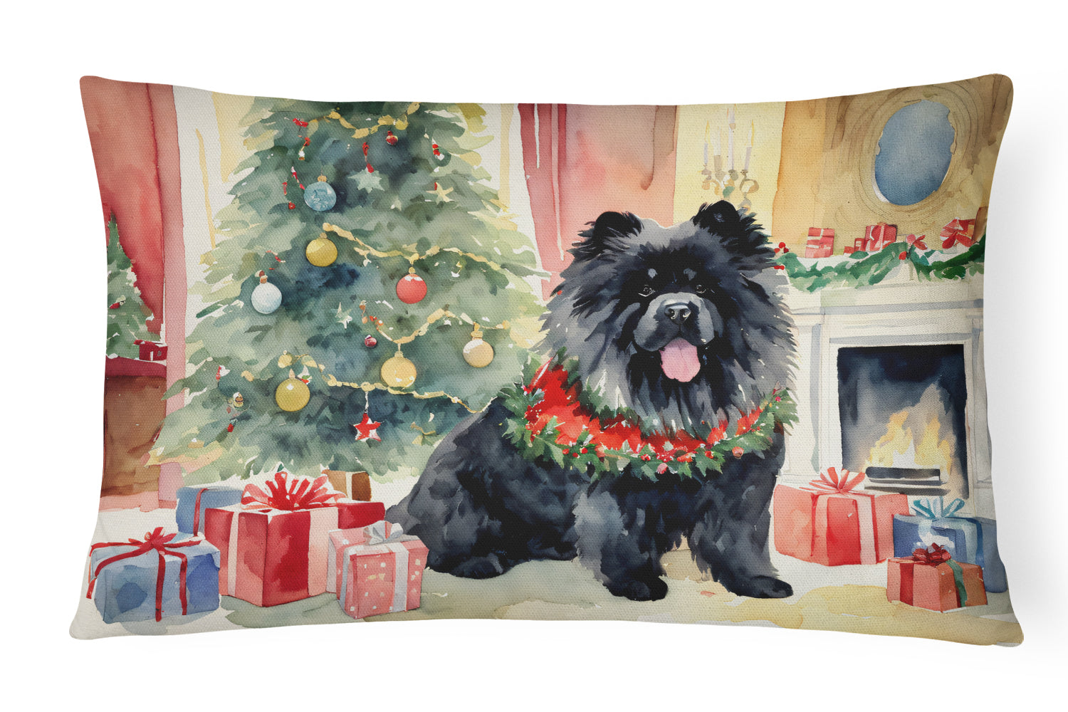 Black Chow Chow Christmas Decorative Throw Pillow 12x16 Indoor Outdoor Accent Cushion, Fabric Cover with Insert for Sofa, Bed, Porch & Living Room