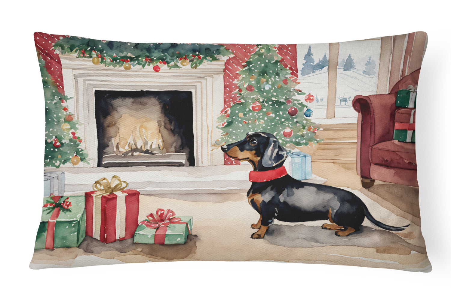 Black and Tan Dachshund Christmas Decorative Throw Pillow 12x16 Indoor Outdoor Accent Cushion, Fabric Cover with Insert for Sofa, Bed, Porch & Living Room
