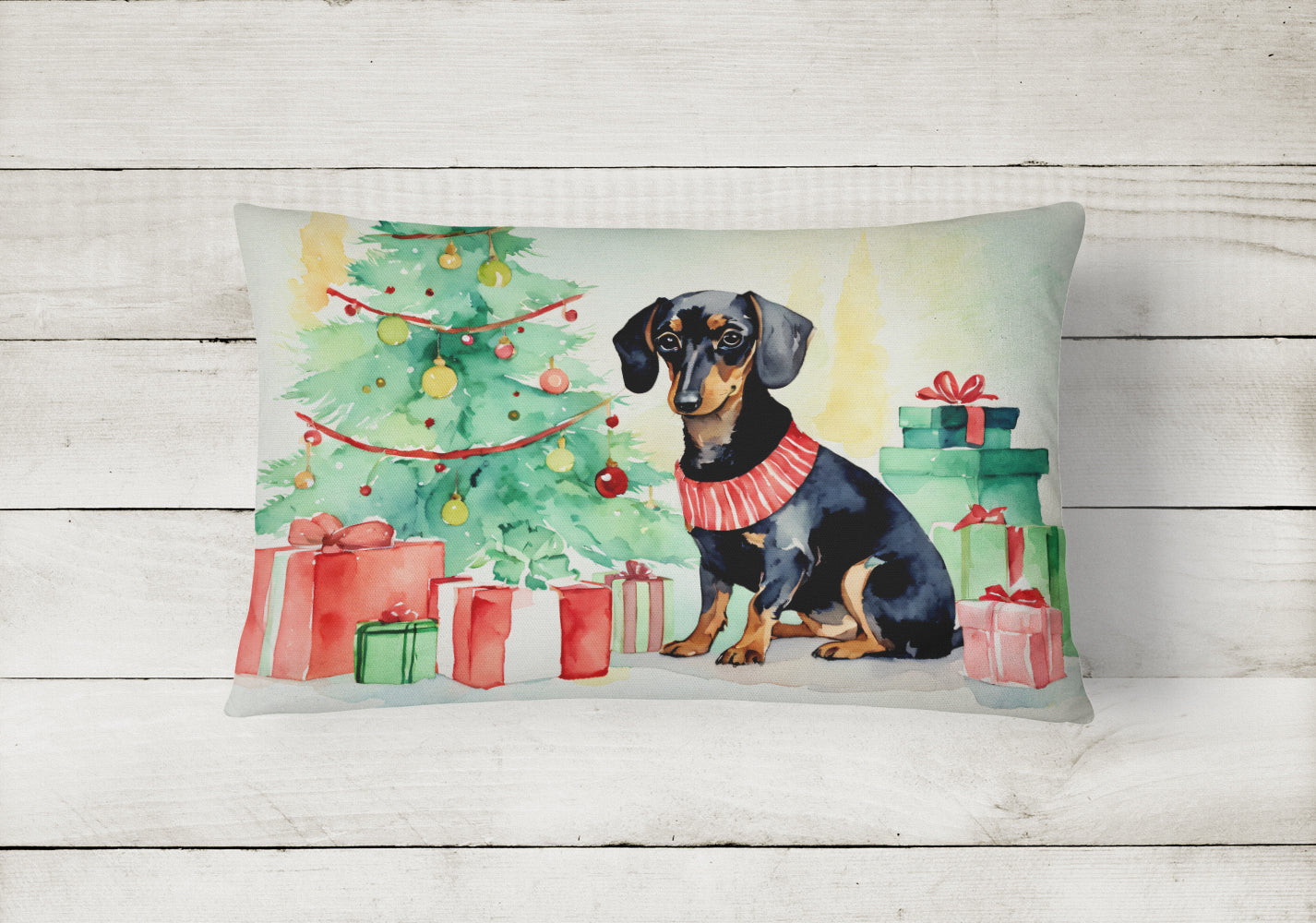Black and Tan Dachshund Christmas Decorative Throw Pillow 12x16 Indoor Outdoor Accent Cushion, Fabric Cover with Insert for Sofa, Bed, Porch & Living Room