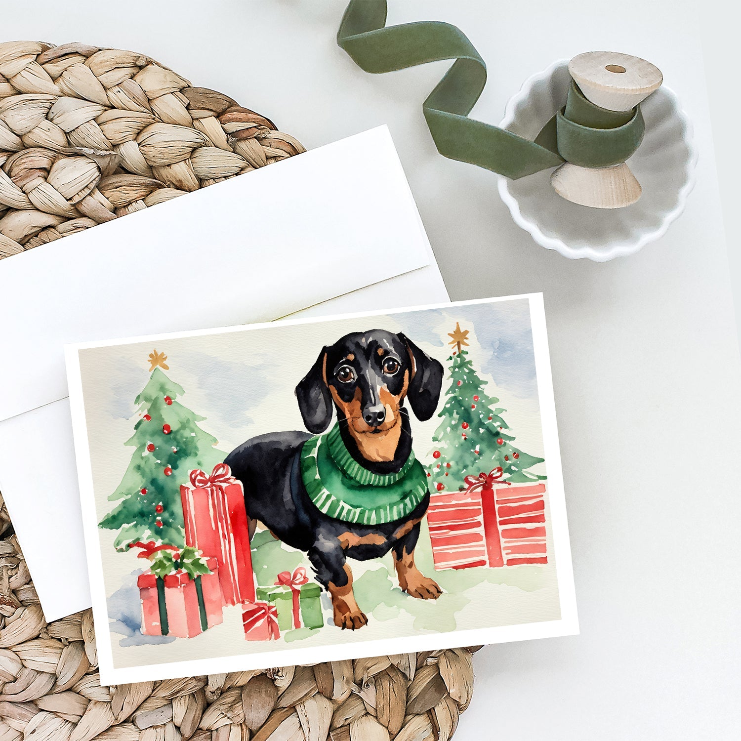 Black and Tan Dachshund Christmas Greeting Cards Pack of 8 Blank Cards with Envelopes Whimsical A7 Size 5x7