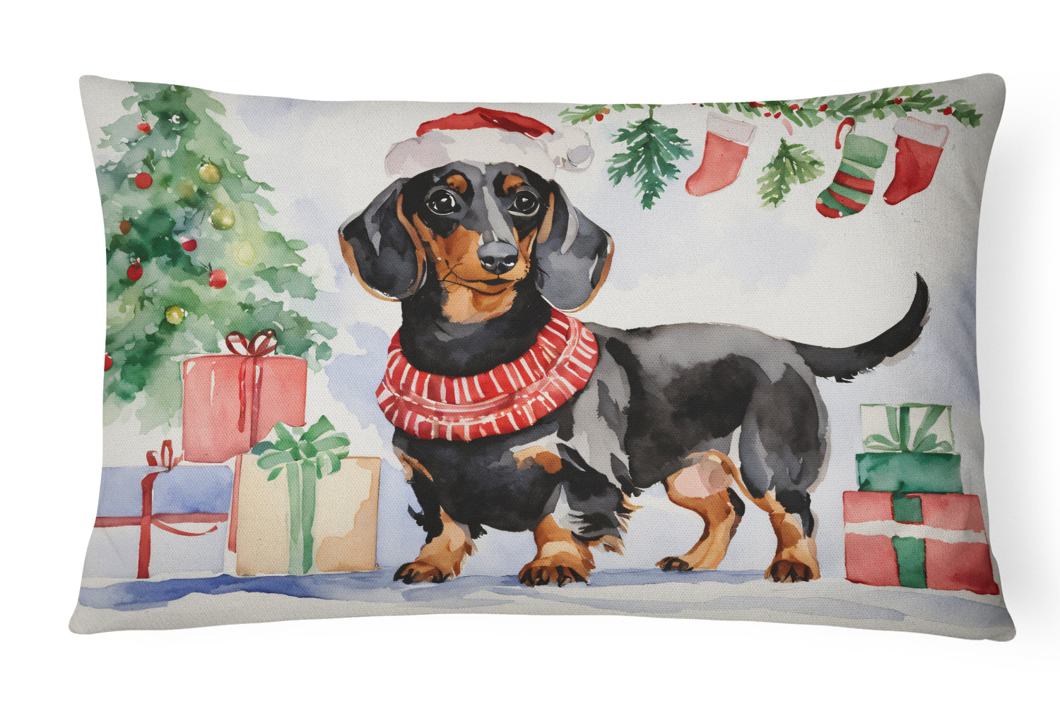 Black and Tan Dachshund Christmas Decorative Throw Pillow 12x16 Indoor Outdoor Accent Cushion, Fabric Cover with Insert for Sofa, Bed, Porch & Living Room