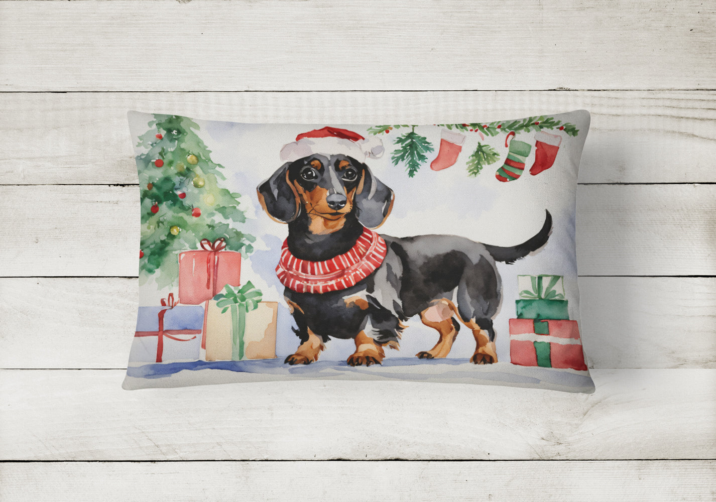 Black and Tan Dachshund Christmas Decorative Throw Pillow 12x16 Indoor Outdoor Accent Cushion, Fabric Cover with Insert for Sofa, Bed, Porch & Living Room