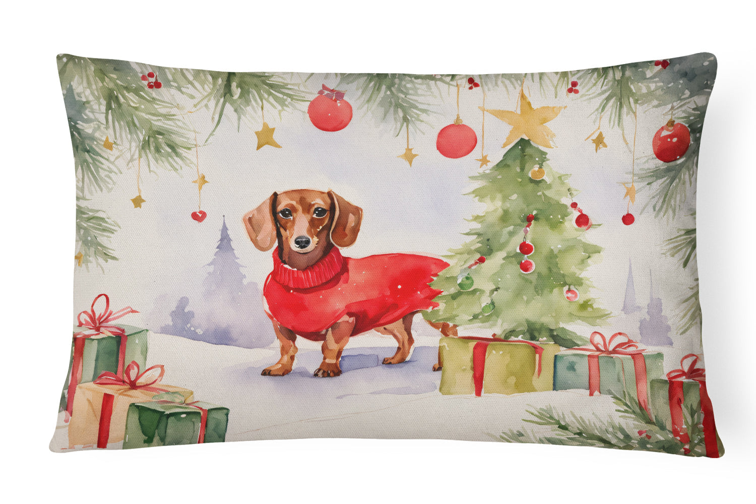 Dachshund Christmas Decorative Throw Pillow 12x16 Indoor Outdoor Accent Cushion, Fabric Cover with Insert for Sofa, Bed, Porch & Living Room