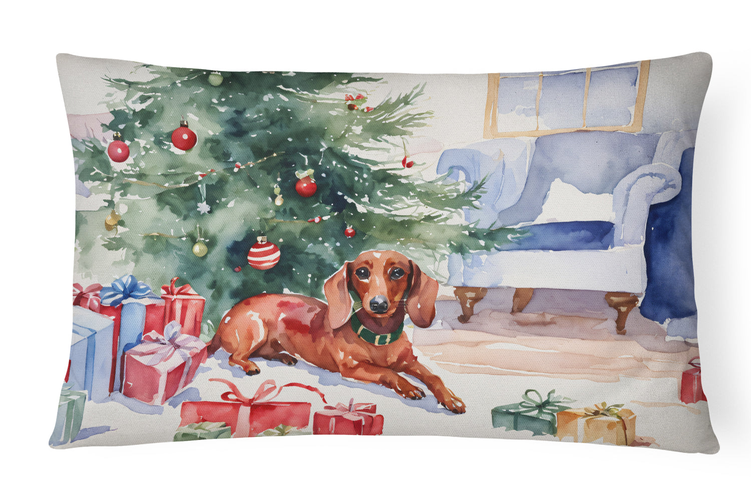 Dachshund Christmas Decorative Throw Pillow 12x16 Indoor Outdoor Accent Cushion, Fabric Cover with Insert for Sofa, Bed, Porch & Living Room