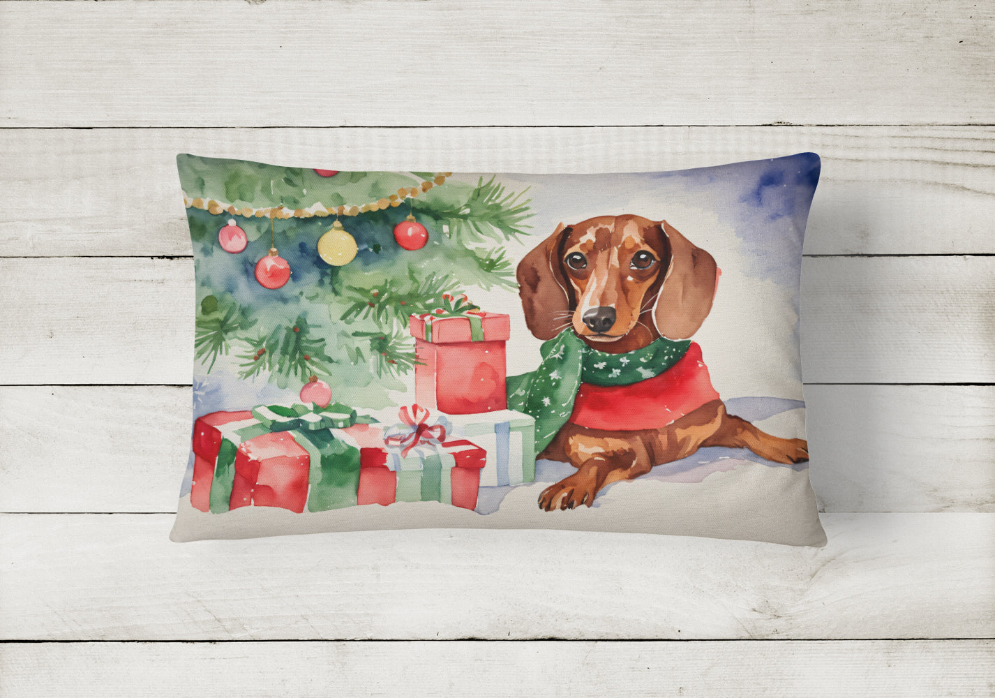 Dachshund Christmas Decorative Throw Pillow 12x16 Indoor Outdoor Accent Cushion, Fabric Cover with Insert for Sofa, Bed, Porch & Living Room