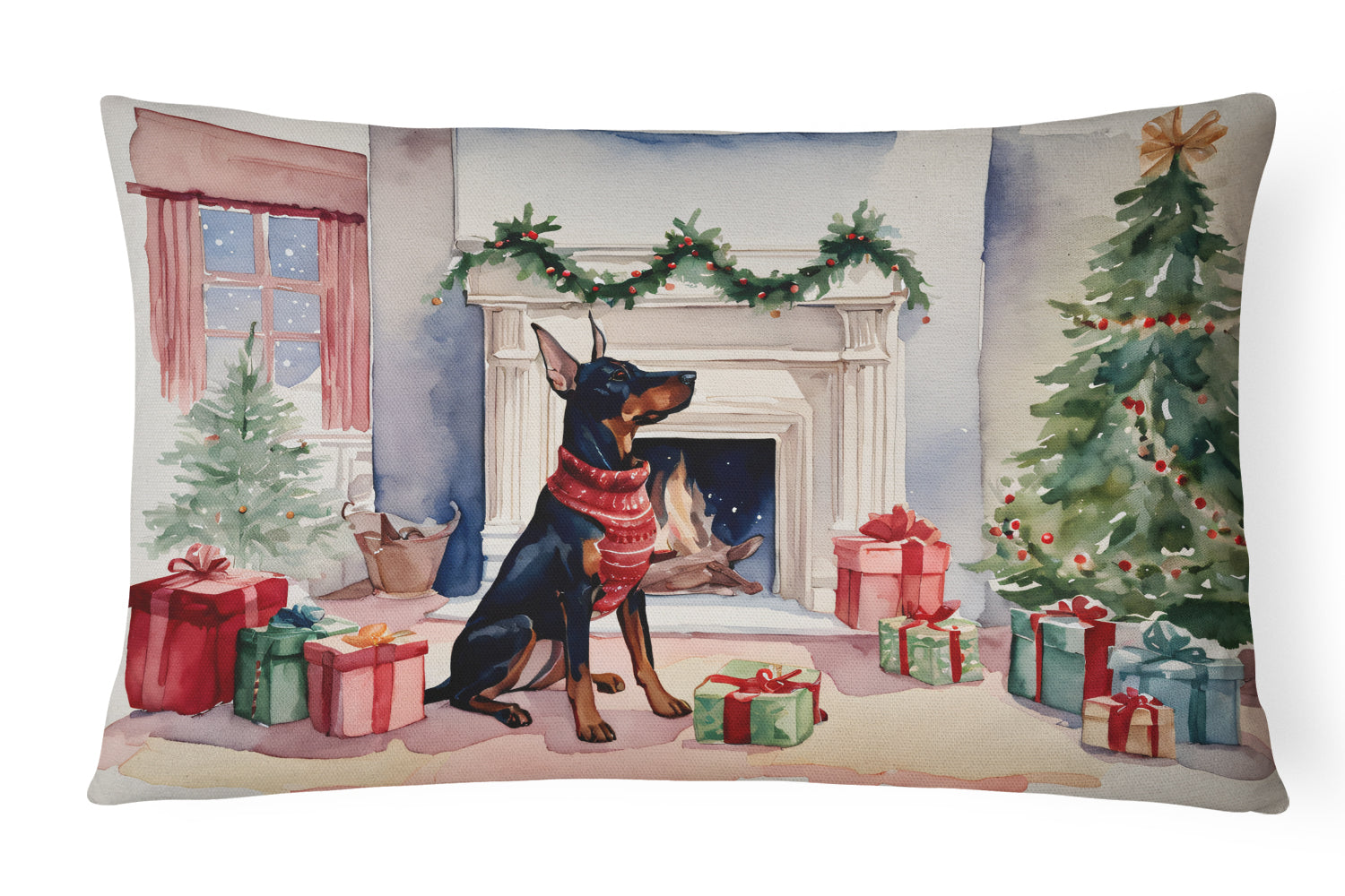 Doberman Pinscher Christmas Decorative Throw Pillow 12x16 Indoor Outdoor Accent Cushion, Fabric Cover with Insert for Sofa, Bed, Porch & Living Room
