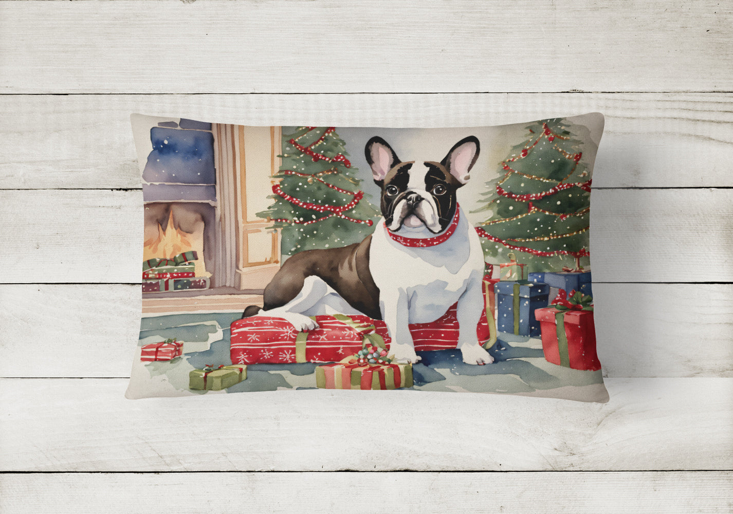 French Bulldog Christmas Decorative Throw Pillow 12x16 Indoor Outdoor Accent Cushion, Fabric Cover with Insert for Sofa, Bed, Porch & Living Room