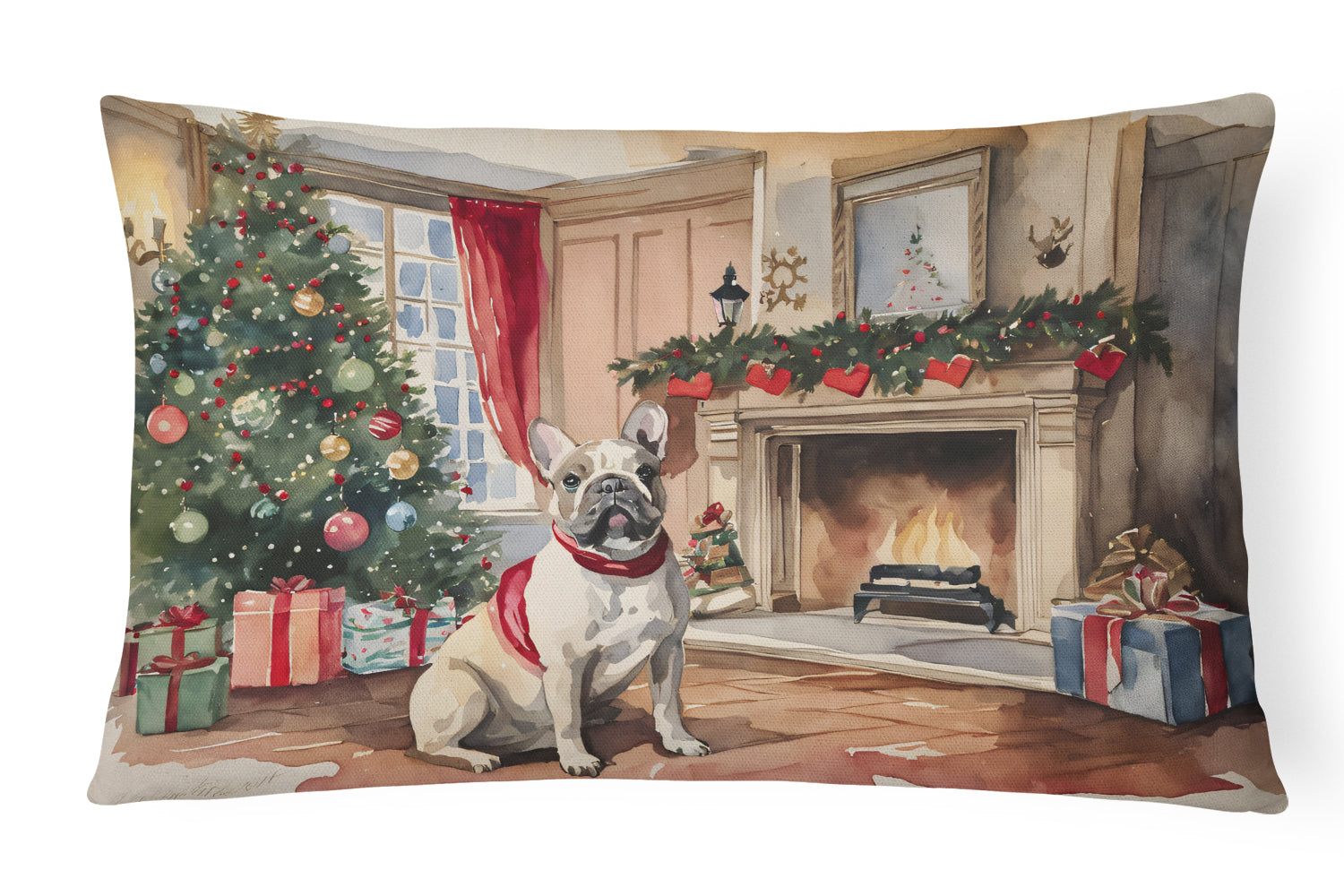 French Bulldog Christmas Decorative Throw Pillow 12x16 Indoor Outdoor Accent Cushion, Fabric Cover with Insert for Sofa, Bed, Porch & Living Room