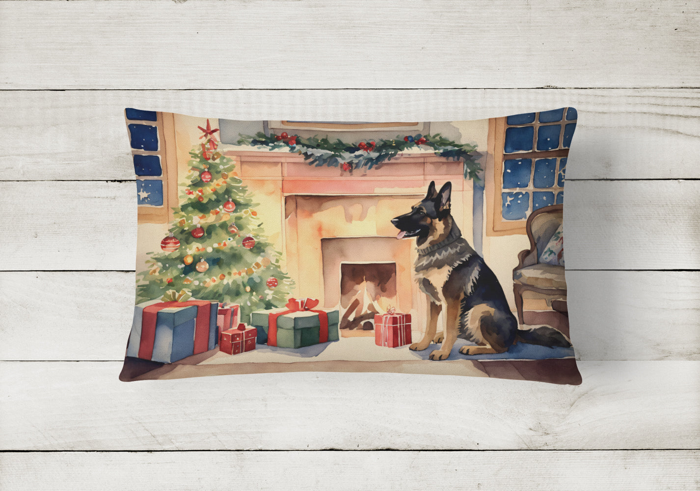 German Shepherd Christmas Decorative Throw Pillow 12x16 Indoor Outdoor Accent Cushion, Fabric Cover with Insert for Sofa, Bed, Porch & Living Room