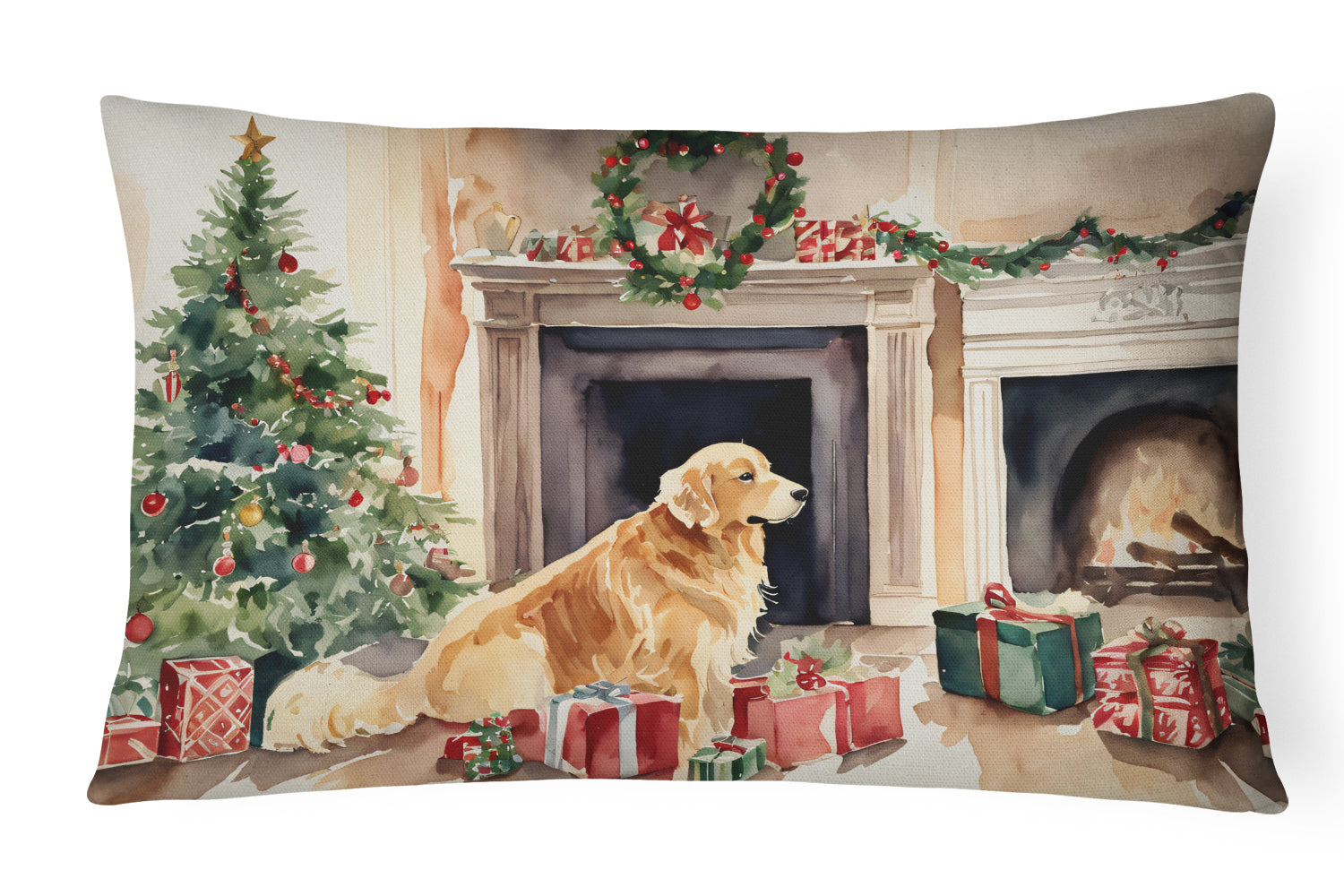 Golden Retriever Christmas Decorative Throw Pillow 12x16 Indoor Outdoor Accent Cushion, Fabric Cover with Insert for Sofa, Bed, Porch & Living Room