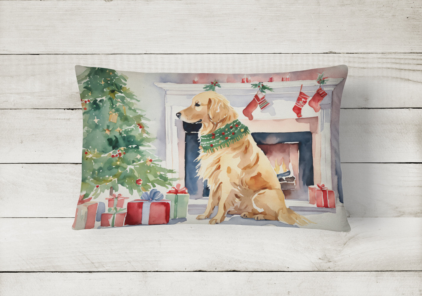 Golden Retriever Christmas Decorative Throw Pillow 12x16 Indoor Outdoor Accent Cushion, Fabric Cover with Insert for Sofa, Bed, Porch & Living Room