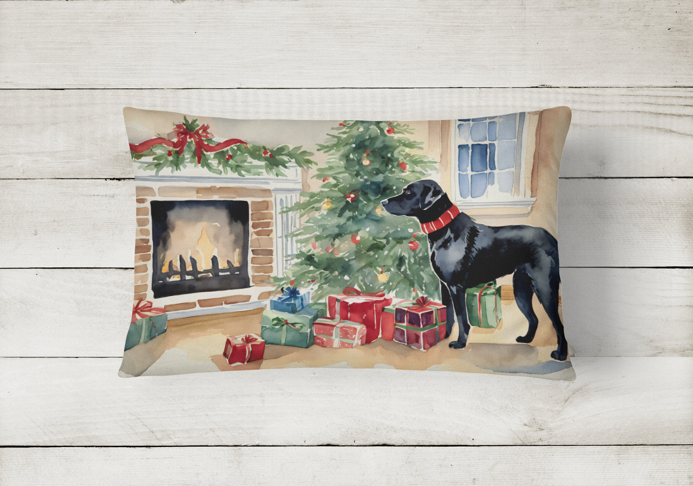 Black Labrador Christmas Decorative Throw Pillow 12x16 Indoor Outdoor Accent Cushion, Fabric Cover with Insert for Sofa, Bed, Porch & Living Room