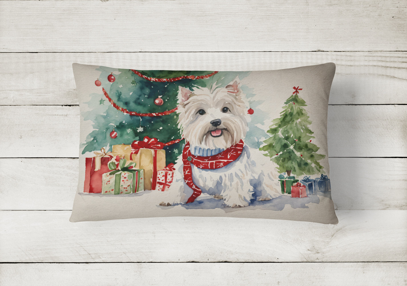 Westie Christmas Decorative Throw Pillow 12x16 Indoor Outdoor Accent Cushion, Fabric Cover with Insert for Sofa, Bed, Porch & Living Room