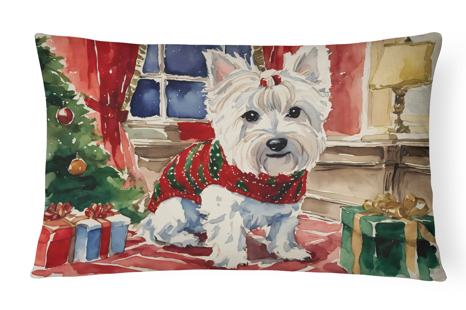 Westie Christmas Decorative Throw Pillow 12x16 Indoor Outdoor Accent Cushion, Fabric Cover with Insert for Sofa, Bed, Porch & Living Room