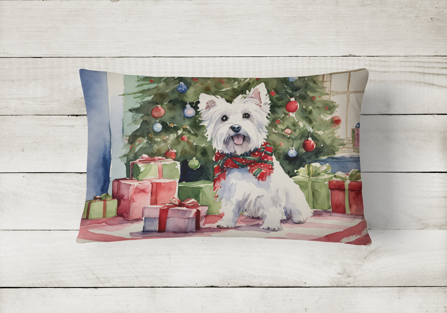 Westie Christmas Decorative Throw Pillow 12x16 Indoor Outdoor Accent Cushion, Fabric Cover with Insert for Sofa, Bed, Porch & Living Room