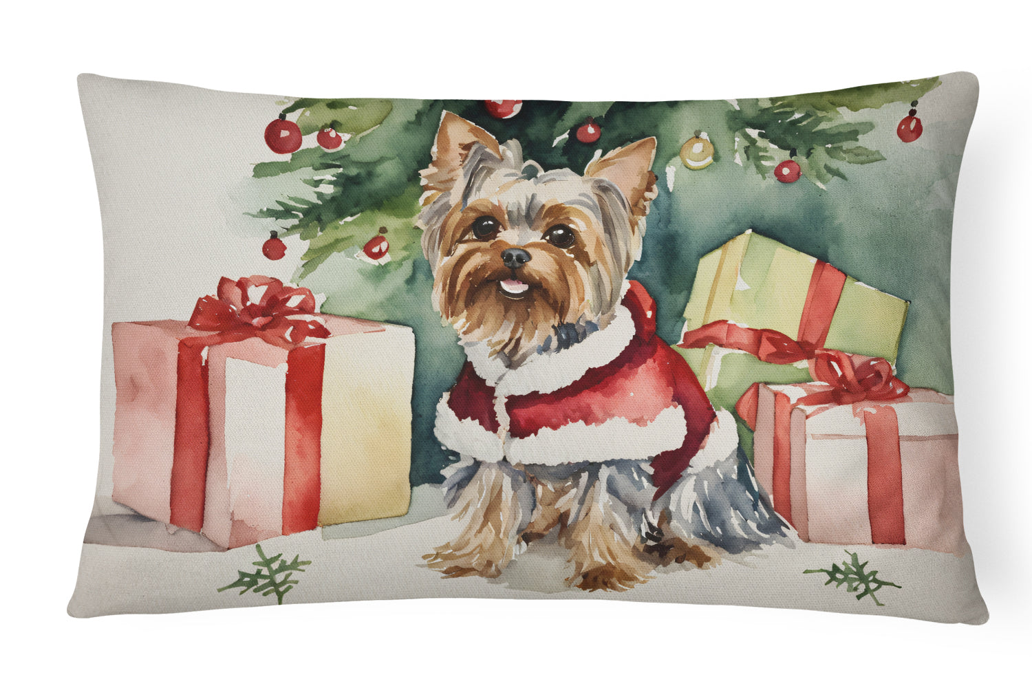 Yorkie Christmas Decorative Throw Pillow 12x16 Indoor Outdoor Accent Cushion, Fabric Cover with Insert for Sofa, Bed, Porch & Living Room