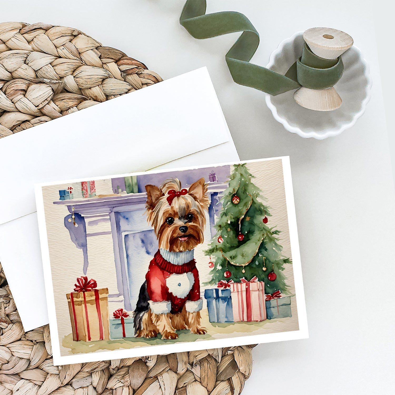 Yorkie Christmas Greeting Cards Pack of 8 Blank Cards with Envelopes Whimsical A7 Size 5x7