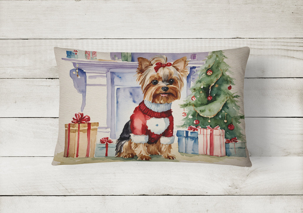 Yorkie Christmas Decorative Throw Pillow 12x16 Indoor Outdoor Accent Cushion, Fabric Cover with Insert for Sofa, Bed, Porch & Living Room