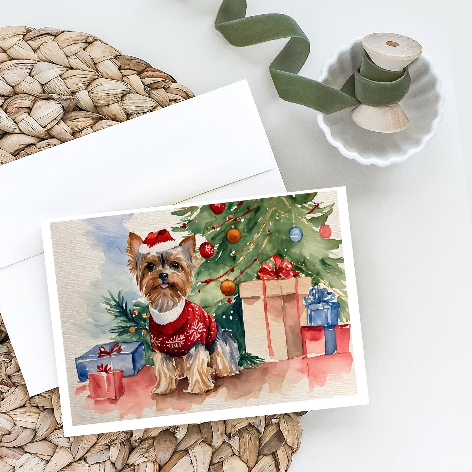 Yorkie Christmas Greeting Cards Pack of 8 Blank Cards with Envelopes Whimsical A7 Size 5x7