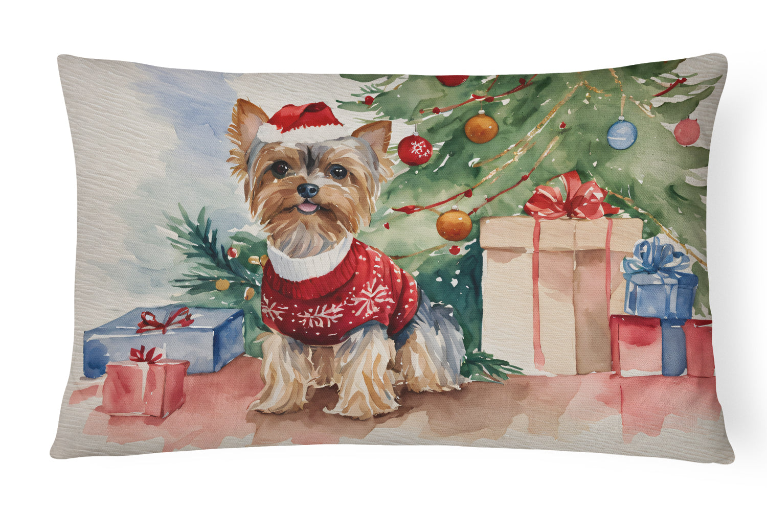 Yorkie Christmas Decorative Throw Pillow 12x16 Indoor Outdoor Accent Cushion, Fabric Cover with Insert for Sofa, Bed, Porch & Living Room