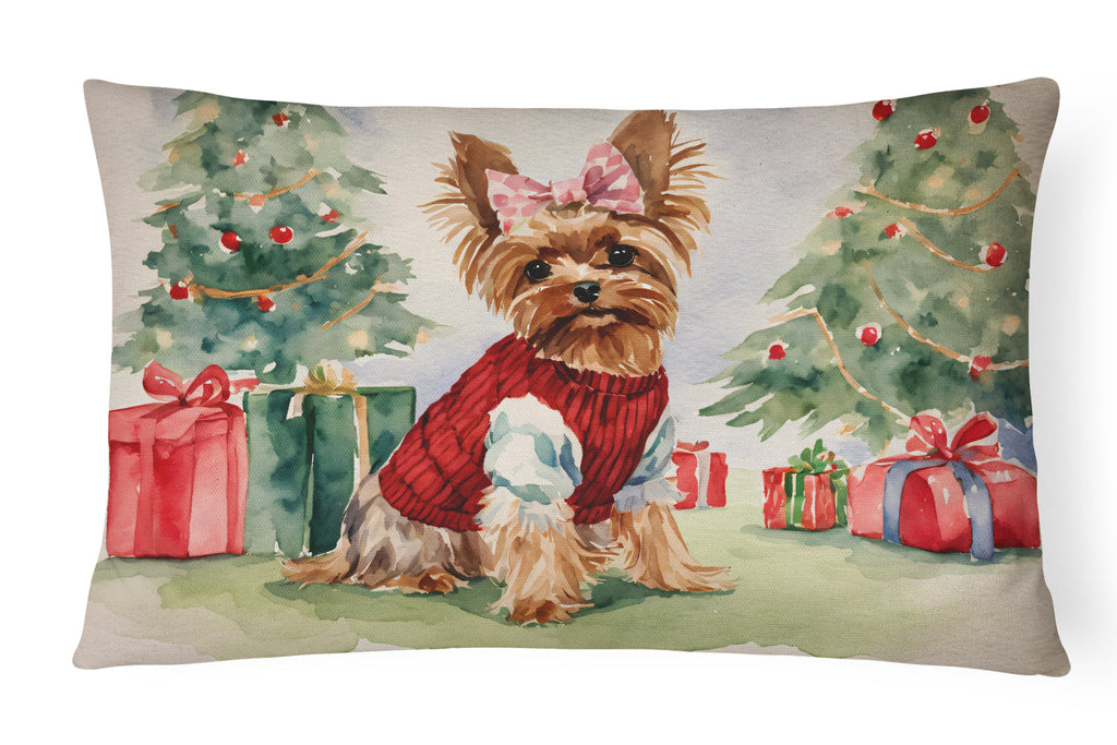 Yorkie Christmas Decorative Throw Pillow 12x16 Indoor Outdoor Accent Cushion, Fabric Cover with Insert for Sofa, Bed, Porch & Living Room